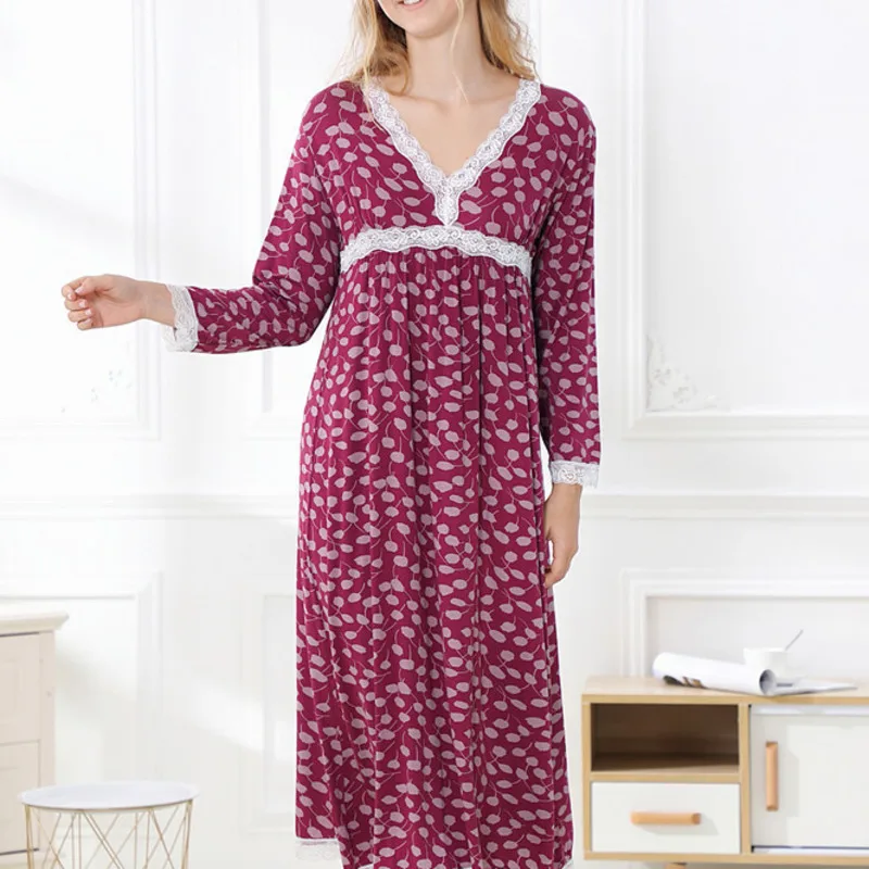 Spring Nightdress Women Modal Long Sleeve Lace Nightgowns for Women Sleepwear Nightwear Elegant Autumn Long Home Dressing Gowns