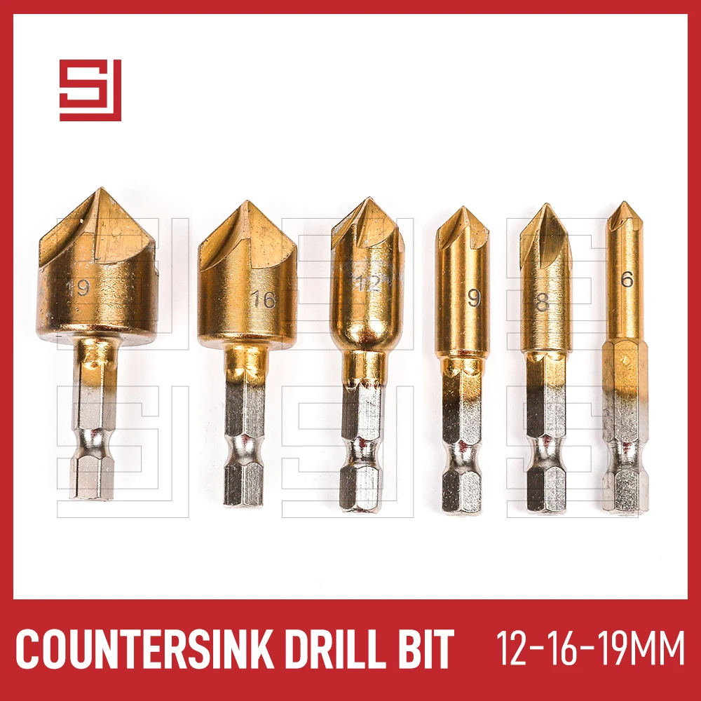 

SJ 6-19mm Chamfer Countersink Drill Bit Golden 3/6pcs Hexagon Chamfer Drill Bits Set for Wood Metal Tile Cutter Drill Tool Kits