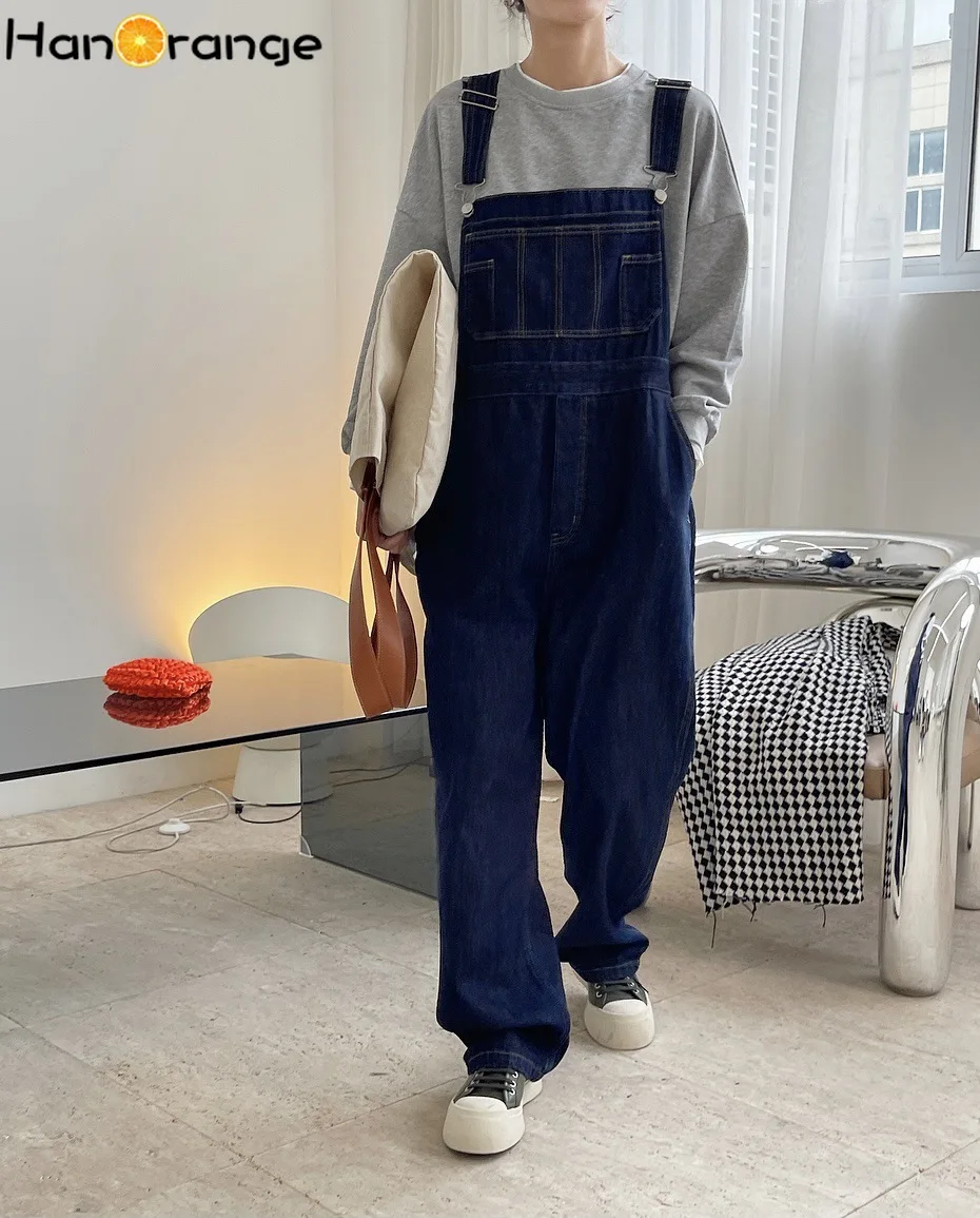 HanOrange Autumn Straight Denim Overalls Japanese College Style Primary Color Loose Trousers Women