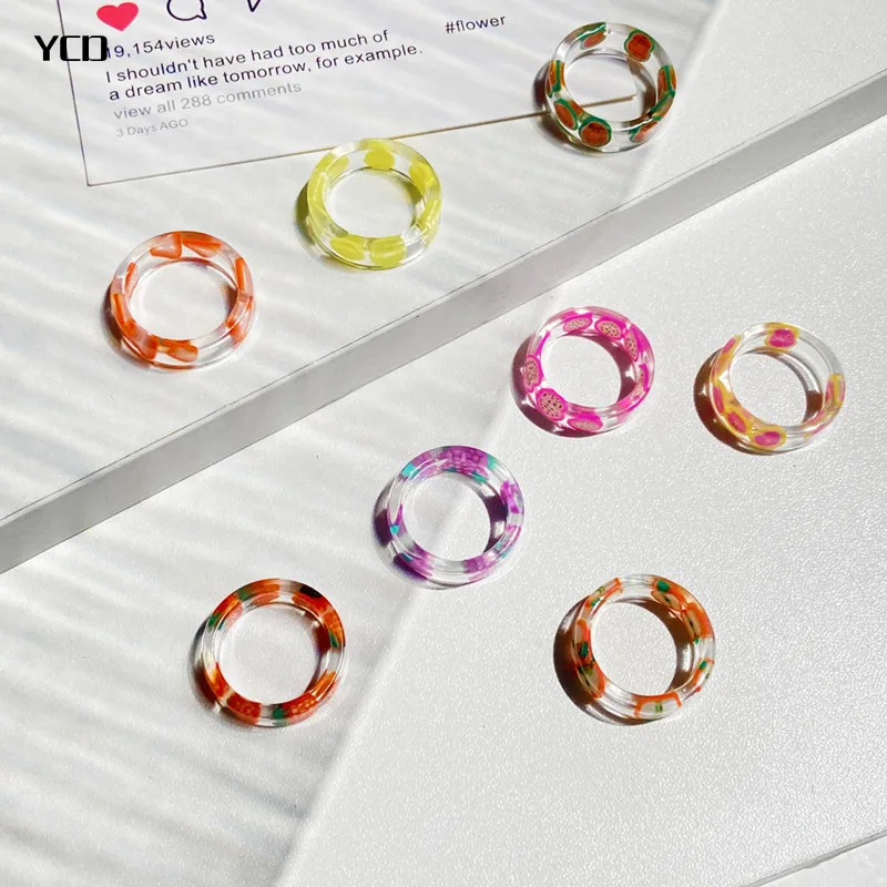 

YCD милое модное красочное прозрачное акриловое кольцо с фруктами в Корейском стиле инстаграм женское модное ювелирное изделие