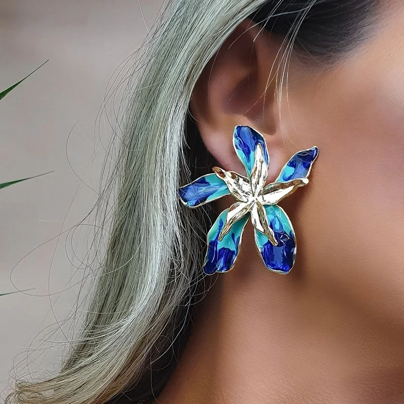 Pretty Big Flowers Stud Earrings for Women New Trendy Colorful Alloy Metal Statement Earrings Jewelry Pendientes