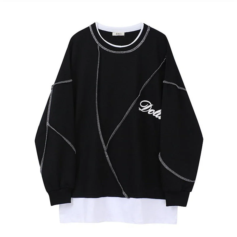 

Fake Two Black Sweaters Women's Loose Korean Spring And Autumn Thin Long Sleeved Top