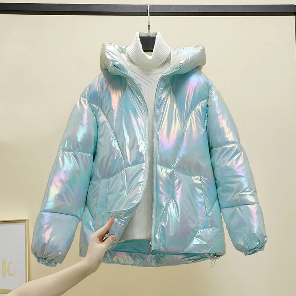 Korean Loose Winter jacket Coats Bright Face Down Cotton Jacket Long Sleeved Thick Parkas Pink Blue Purple Femme Clothing enlarge