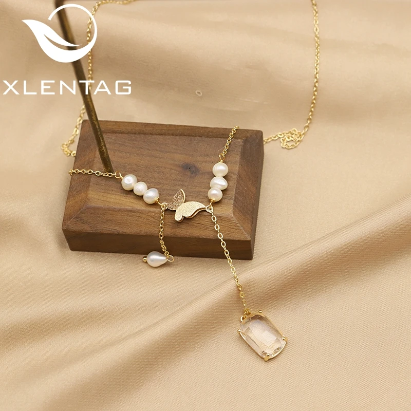 

XlentAg Shining Butterfly Pearl Long Chain Double Pendant Necklace 2022 Women Luxury Fashion Jewelry Valentines Day Gift GN0413