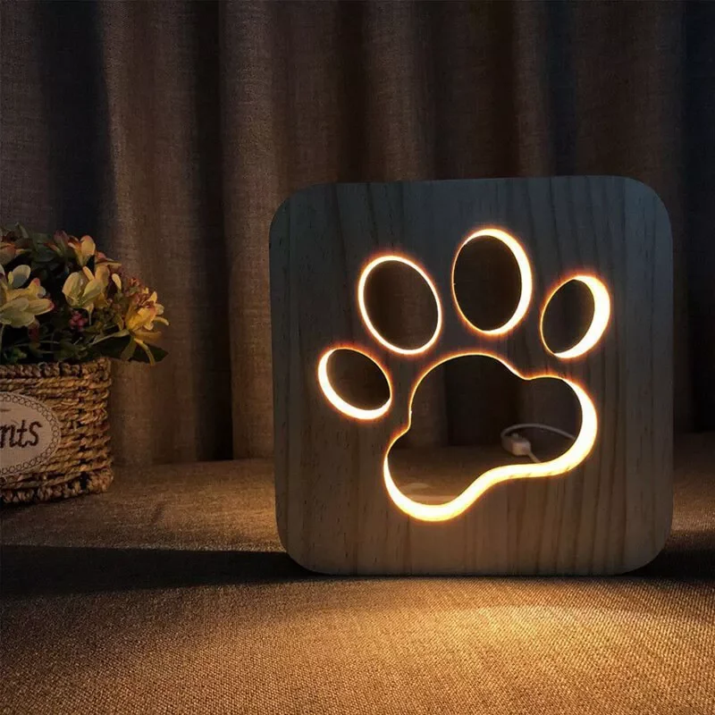Wooden Dog Paw LED Night Light USB Power Wooden Love Couples Pet Shaped Lights Kids Bedroom Decor For Christmas Gifts