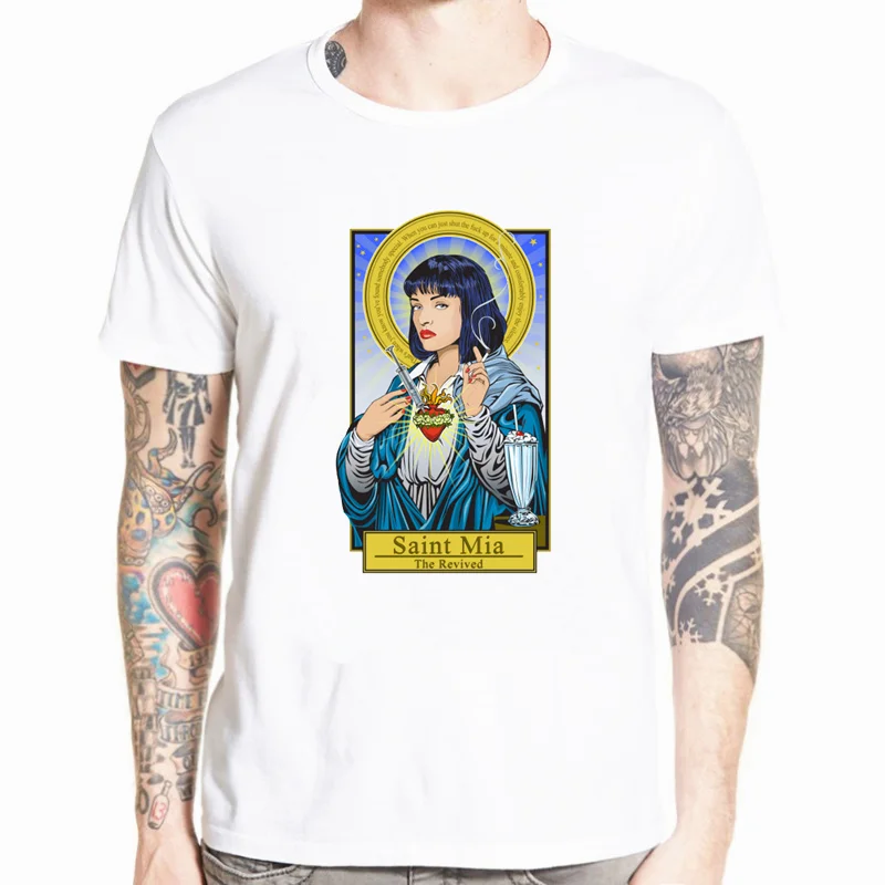 

Harajuku Male T-shirt Virgin Mary Mixed Pulp Fiction Mia Wallace T Shirt Men Summer Tshirts Funny Camisetas Streetwear Plus Size