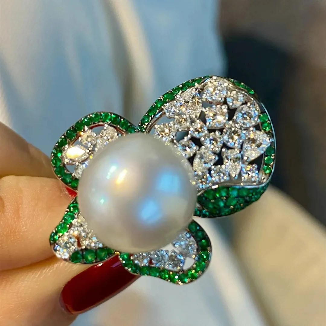 

Women's 13-14MM Round Pearl Rings Luxury Flowers 925 Sterling Silver Rings Cocktail Jewelry Gift