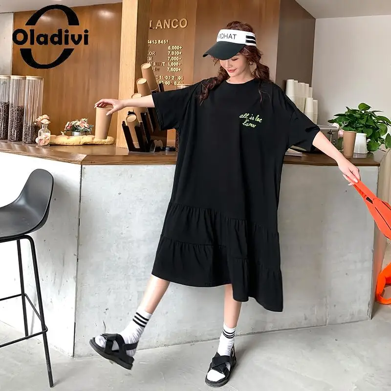 

Oladivi Large Size Women Short Sleeve Cotton Dress Letter Print Casual Loose Oversized Dresses Female Tunic Robe STK 325 8XL 9XL