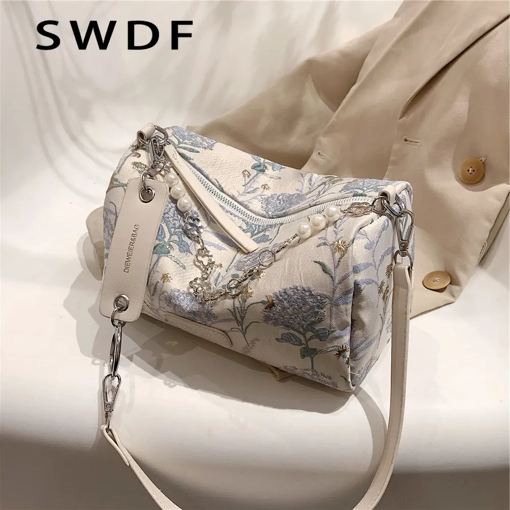 

SWDF новые тканевые сумки через плечо с цветочной вышивкой, сумки через плечо для женщин 2022, модные бостонские дамские сумочки с жемчужной цеп...