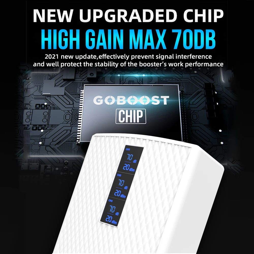 GOBOOST Cellular Signal Amplifier For RV/Truck 2G 3G 4G Tri Band Booster 70dB 850 900 1700 1800 1900 2100 MHz Network Repeater