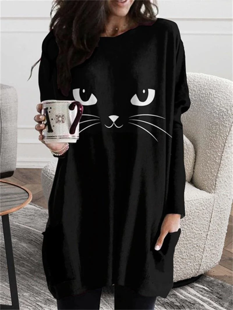 

Новинка Осень-зима 2023, Длинный свитшот без пальцев, 3D печать, узор в виде черного кота на Хэллоуин, топ, одежда в стиле Харадзюку Y2K