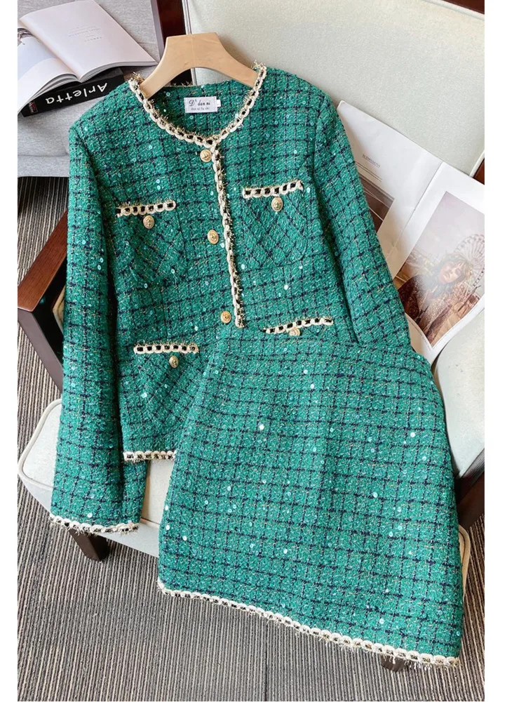 

Women French Vintage Fragrance Tweed 2 Piece Set Office Ladies Elegant Sequined Long Sleeve Cardigans+skirts Sets Korean Clothes