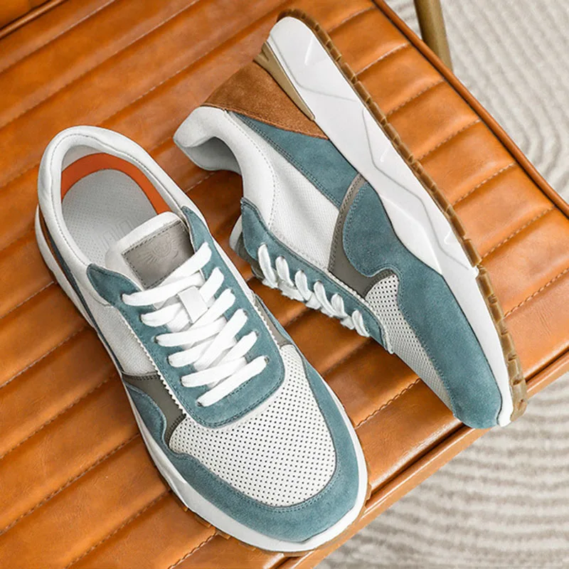 

Genuine leather men casual shoes cow suede lace up round toe matching breathable sneakers thick soled stylish guy walking shoes