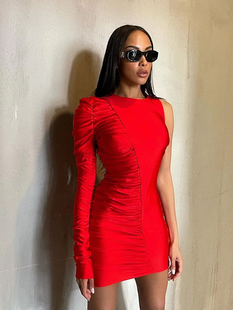 Sexy O-Neck One Shoulder Long Sleeve Bandage Mini Dress Elegant Red Mesh Pleated Lace-up Bodycon Dress Celebrity Runway Party