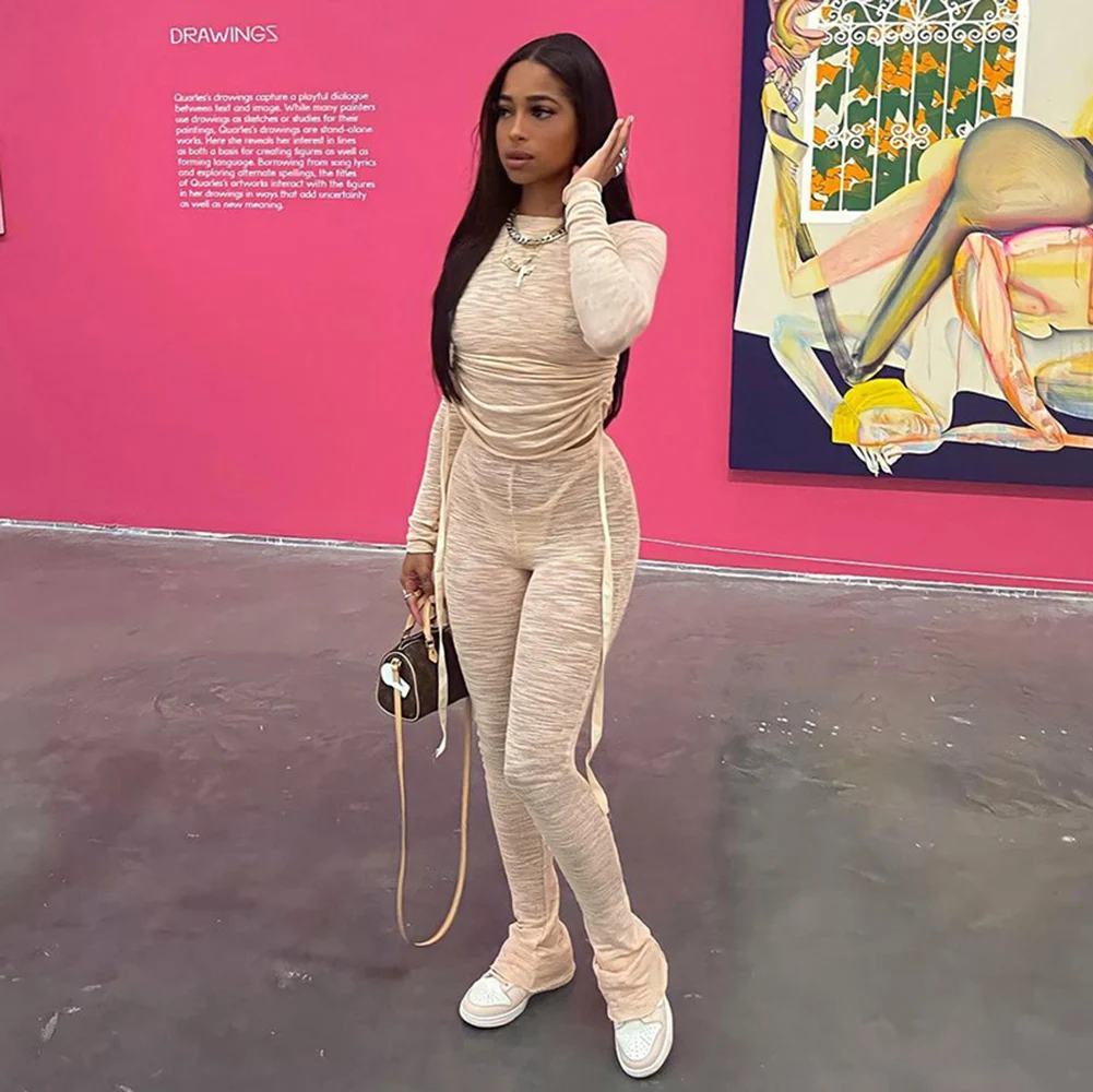 

Новинка Весна 2022, модный топ на шнуровке с длинным рукавом, облегающие брюки, вязаный комплект из двух предметов, сексуальный костюм для веч...