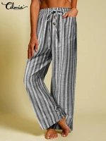 celmia elastic waist lace up long pants women lightwieght casual loose 2022 summer wide leg trousers striped leisure pantalons