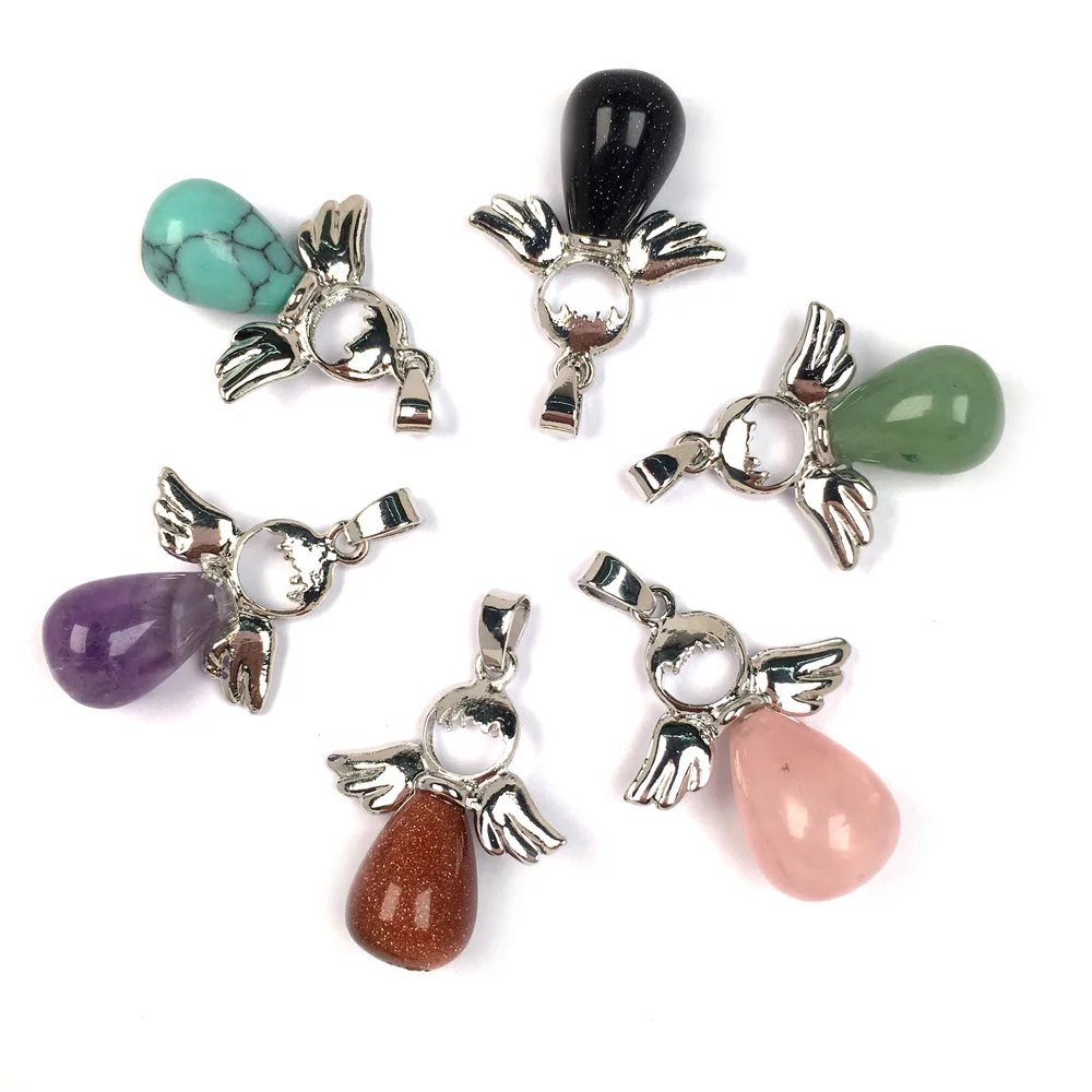 

Natural Stones Pendant Angel Wings Lazuli Amethysts Water Drop Shape Pendant For Jewelry Making DIY Necklaces Accessories