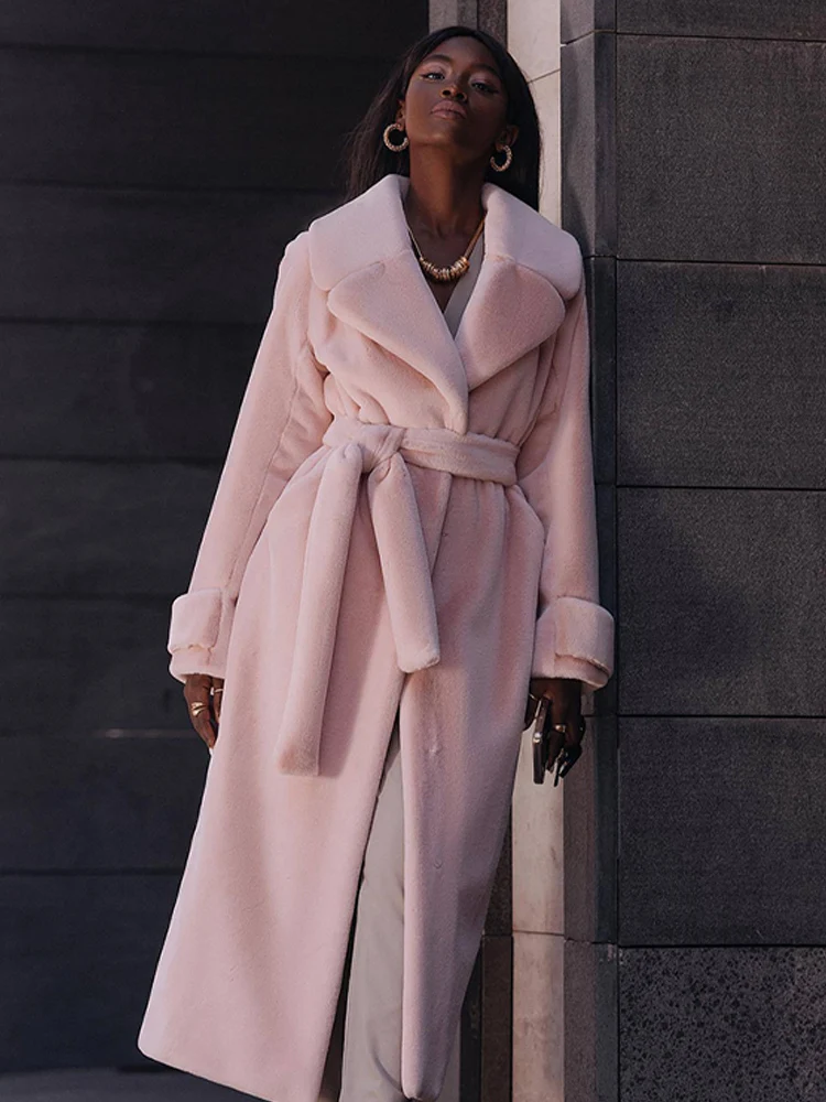 Women's Long Faux Rabbit Fur Coat Fluzzy Lace Up Turn Down Collar Outwear Long Sleeve Female Coats 2022 Winter Lady Elegant