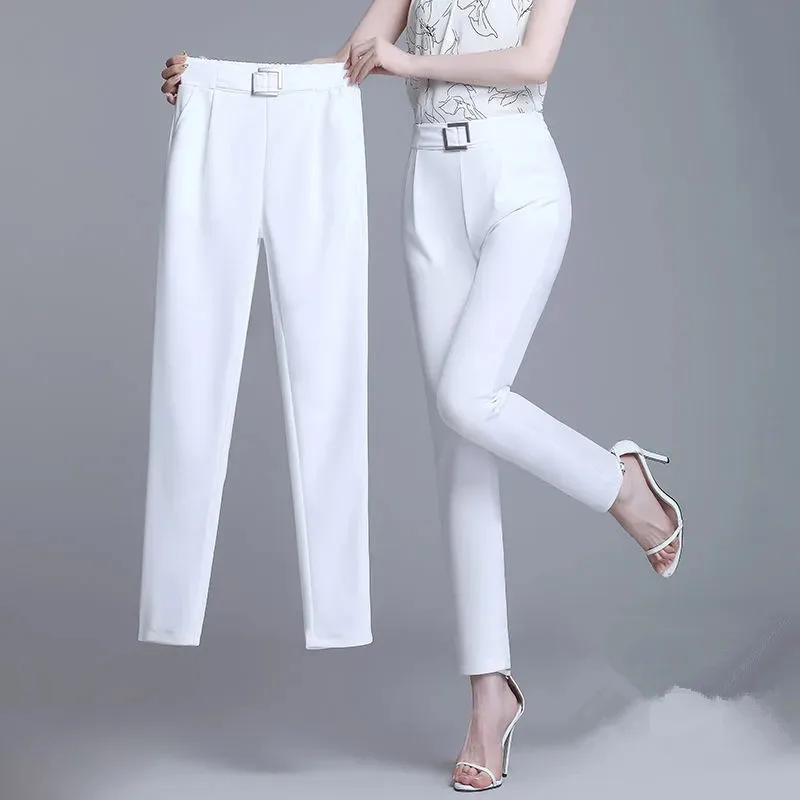 

2021 Summer New Fashion Black White Ice Silk Harem Pants Women Casual Slim Wild High Waist Small Feet Ninth Pants Female H2218