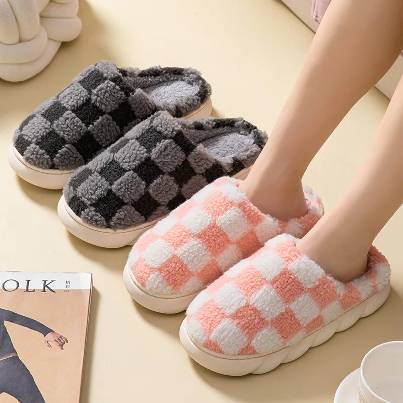 Women's Fashion Checkerboard Slippers Winter With Plush Cotton Drag Men's Non-Slip Thick Sole Indoor Slippers