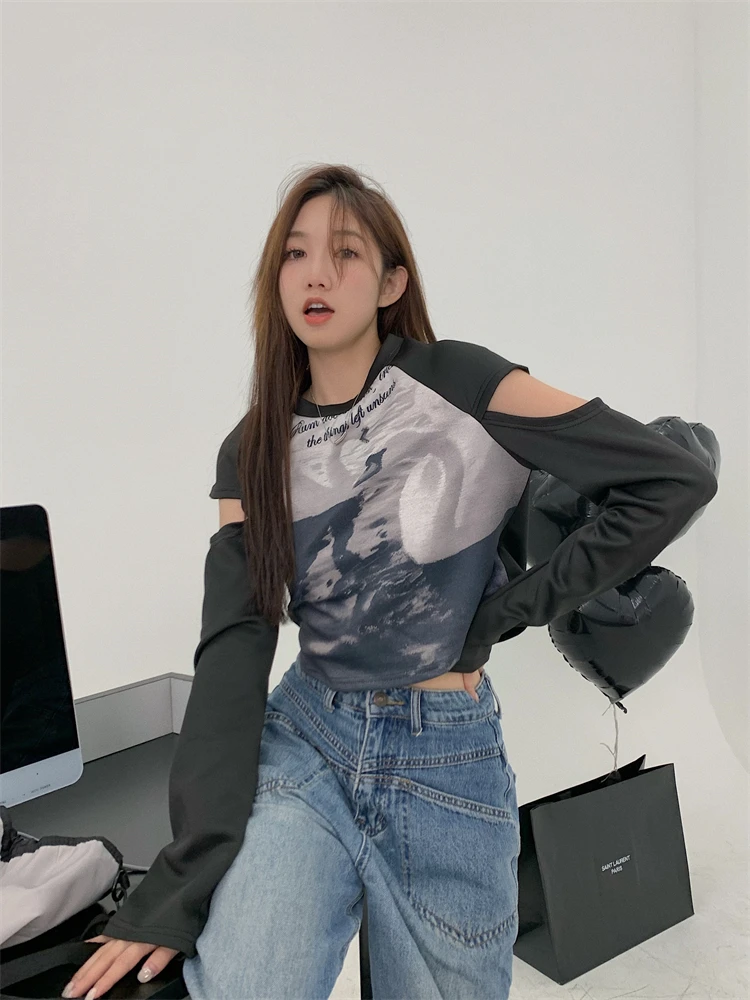 

Harajuku Vintage Y2k Clothes Print Contrast Color Off Shoulder Casual Loose Crop Tops O Neck Long Sleeve Spring Autumn T Shirts