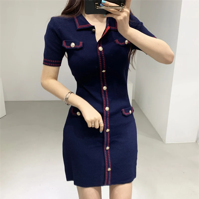 

Women Mini Knitted Dress Vintage Metal Buttons High Waist Sheath Pencil Dresses Turn-down Neck Elegant Dress Office Lady N237