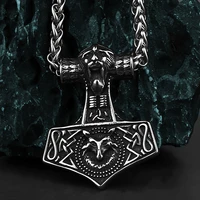 viking mythology retro thors hammer mjolnir pendant celtic fox stainless steel pendant necklace mens amulet jewelry gift