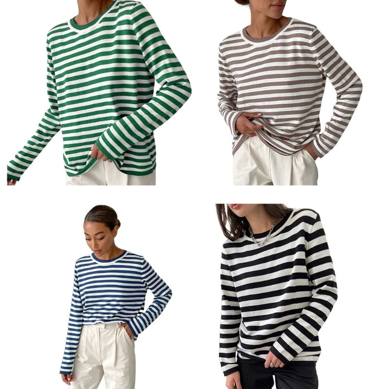 

896E Womens Long Sleeve Knitted Striped Tops O Neck Relaxed Fitted Sweater Pullover