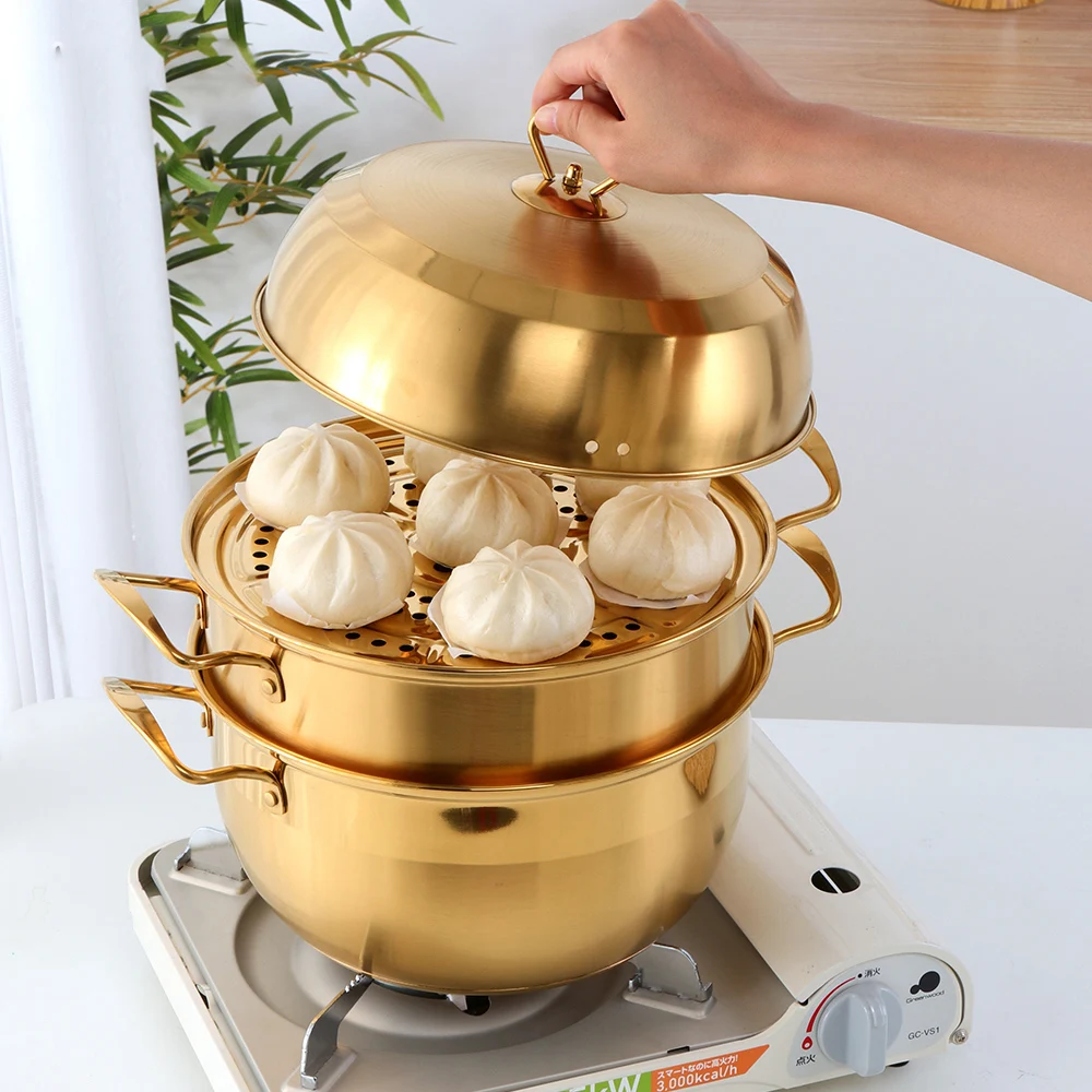 

3 layers Steamer Pot Stainless Steel Steamer Cooker Gold Cookware Boiler Tools Soup Pot Cooking Pots for Cooker Gas Stove