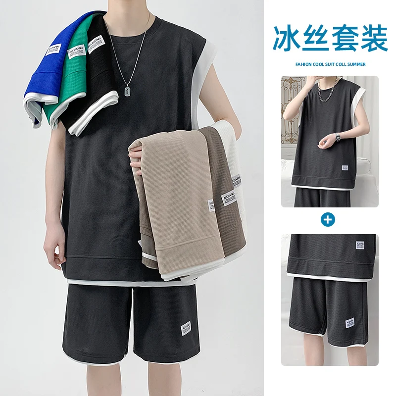 Summer ice silk short sleeved men's wear a set with handsome trendy casual sportswear waffle Shorts Set for men