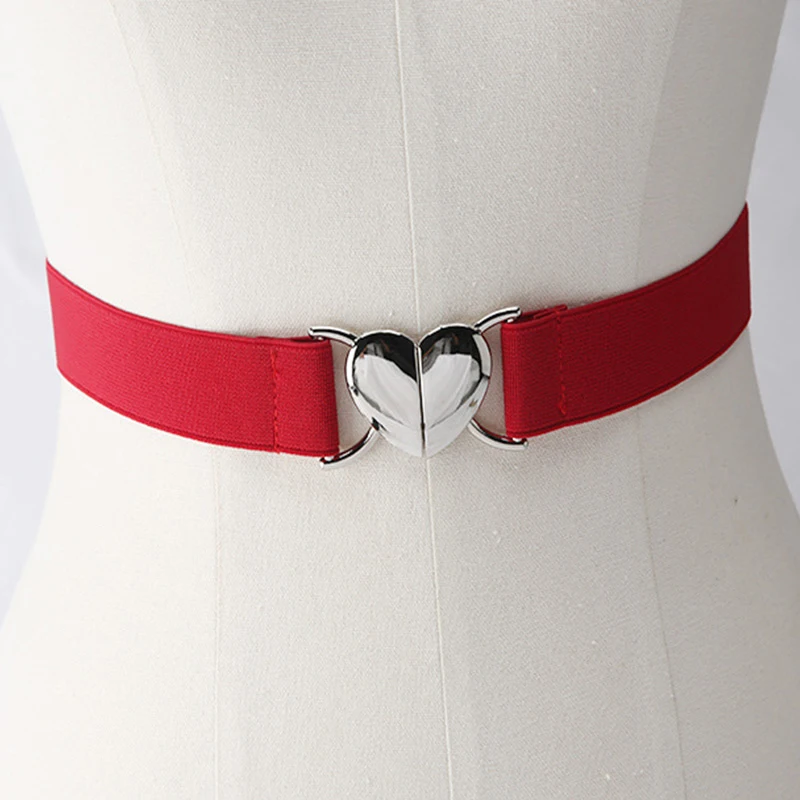 

Female Stretch Narrow Waist Belt DIY Elegant Love Heart Metal Buckle Women High Elastic Solid Color Handmade Thin Belt