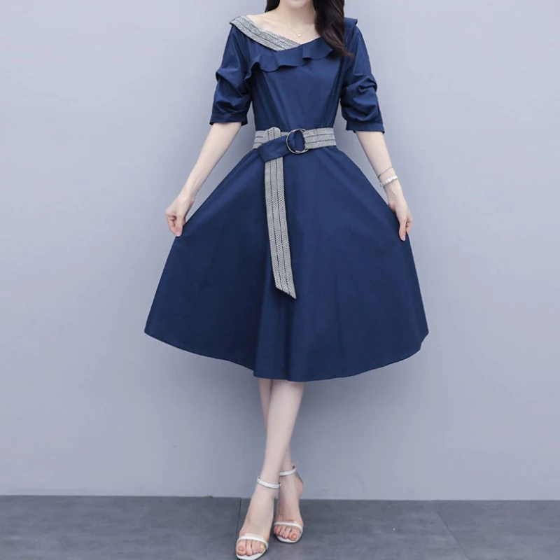 

Elegant Fashion Empire Solid Color Cascading Ruffle Half Sleeve A-LINE Dresses Summer Belt Empire Popularity Women Clothing 2022