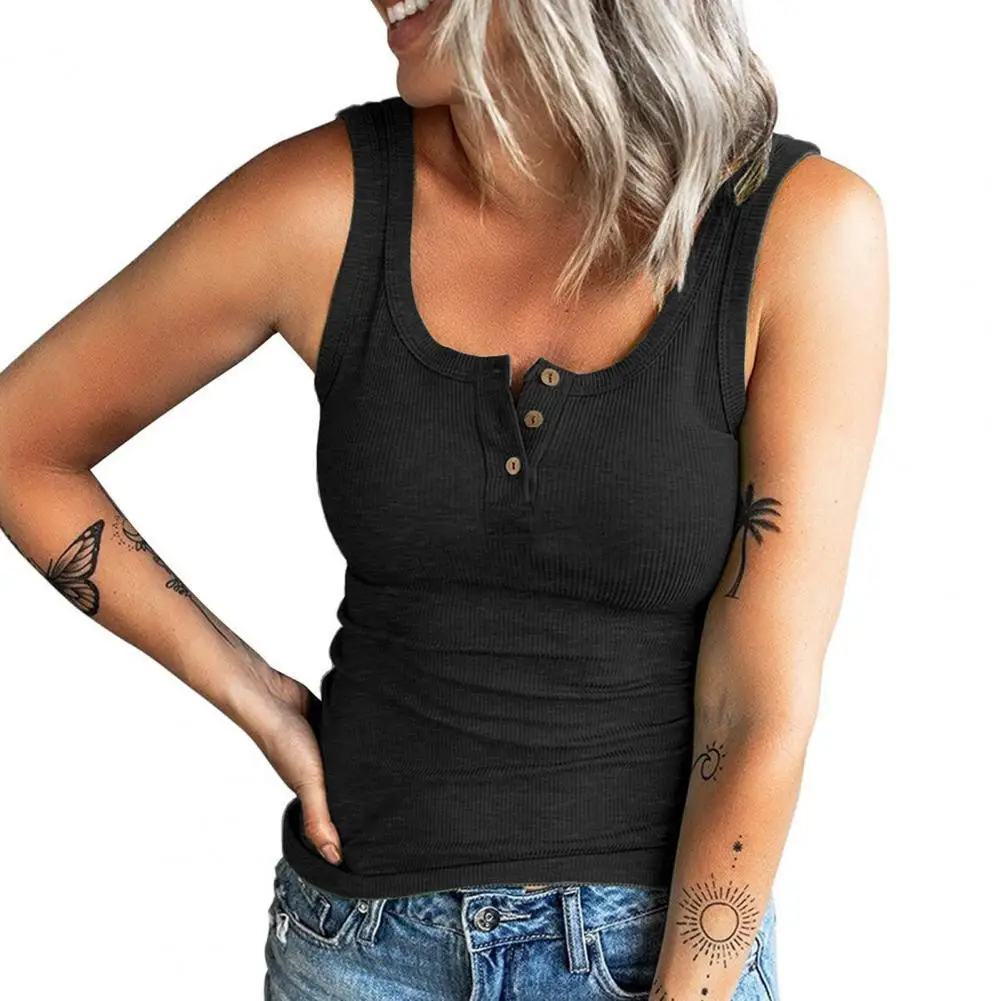 

Women Vest T-shirt Button Down Top Sleeveless All Match Neckline Ribbed Summer Slim-fit Off Shoulder Basic T-shirt for Fitness