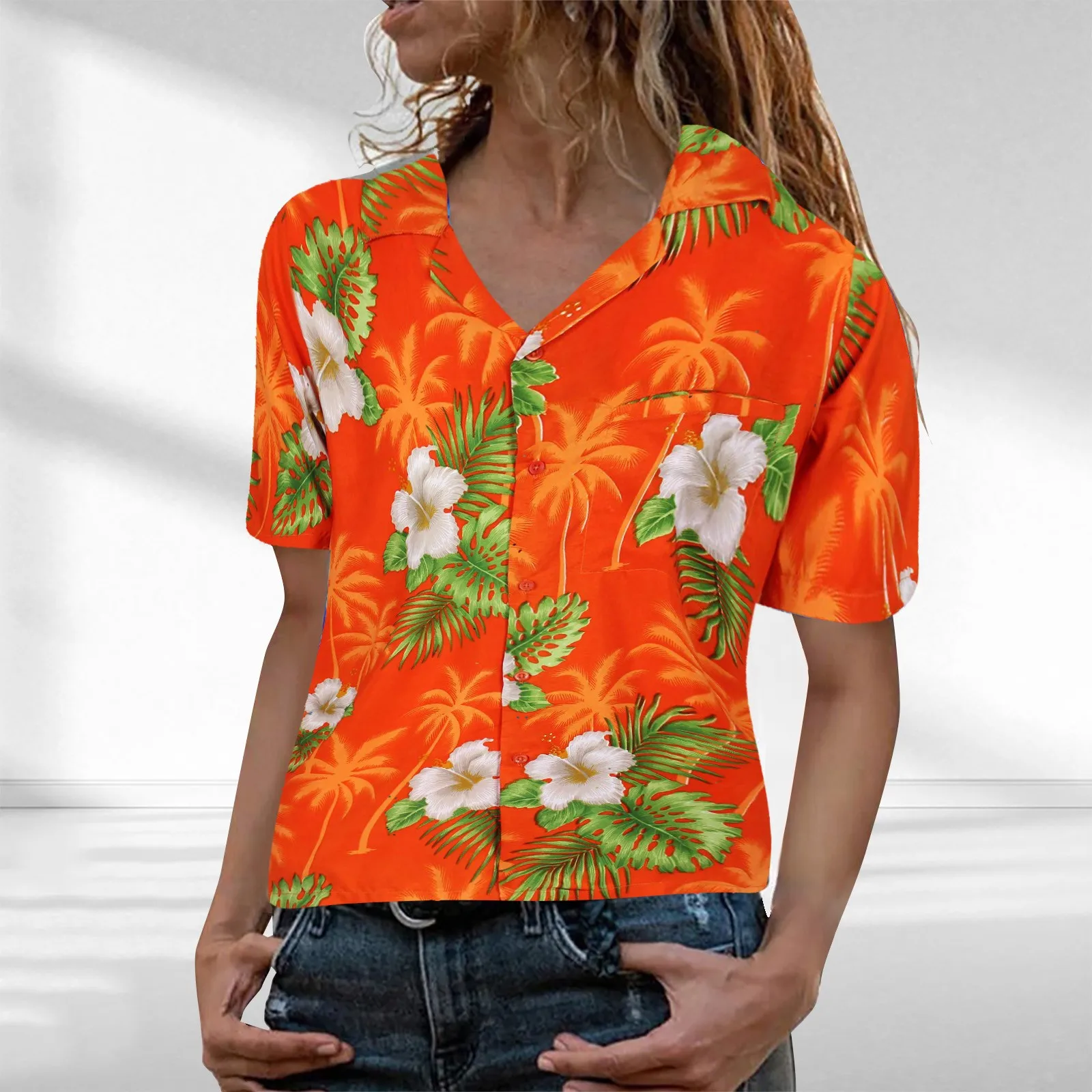 

Women's Hawaiian Shirt Fashion Blouse Frontpocket Leaves Flowers Pineapple Print Shirts Blouses Mujer Short Sleeve Casual Tops