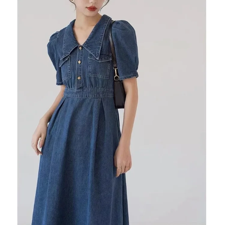 

Женское джинсовое платье с рукавами-фонариками, классическое приталенное платье из денима с лацканами, в винтажном стиле, лето