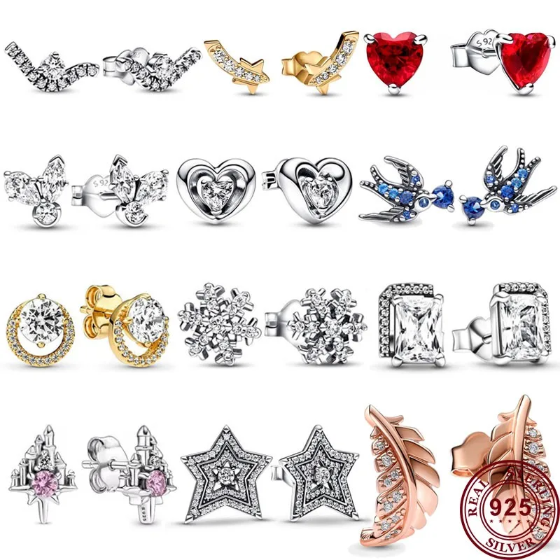 

2023 Hot 925 Silver Sparkling Swallow Feather Original Love Heart Women's Snowflake Logo Earrings Fashion DIY Charm Jewelry