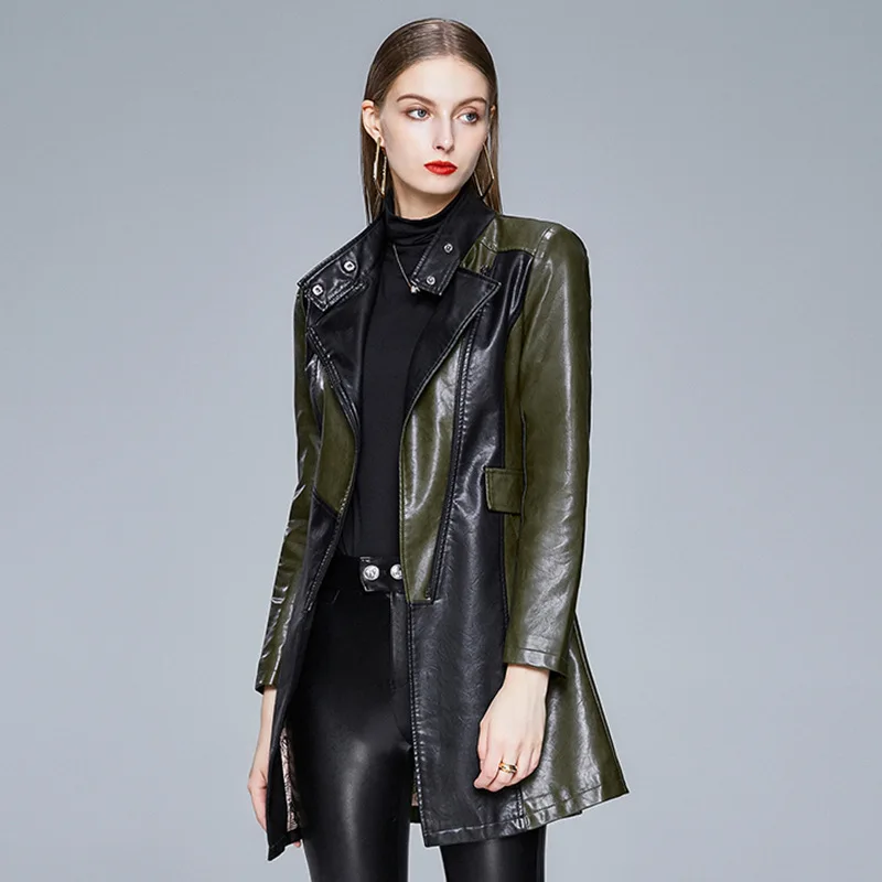 Autumn large leather clothes women's European version contrast color medium and long jacket Lady slim leather coat Code6608