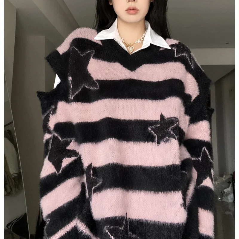 

Женский осенне-зимний свитер со звездами и полосками из искусственной норки