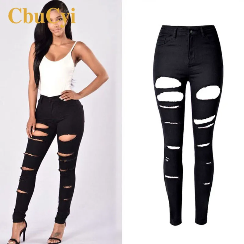 

2022 Women's High Waist Jeans Large Size Skinny Ripped Hole Denim Pants Trousers Women Casual Stretch Pencil Pants Denim Jeans