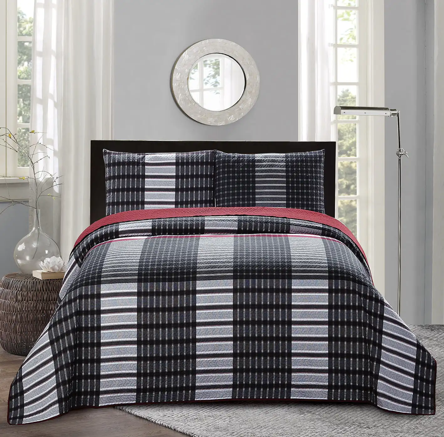 

New 3pc Plaid Printed Reversible Bedspread/Quilt Set