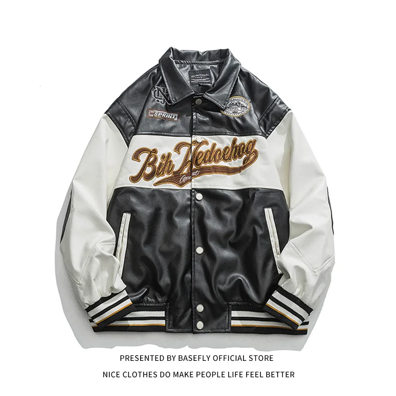 

Куртка-бомбер Мужская/женская из экокожи, мотоциклетная бейсбольная куртка-бомбер в стиле пэчворк с вышивкой, пальто унисекс для университ...