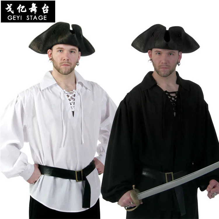 

Мужской средневековый костюм для косплея, однотонные пиратские Топы эпохи Возрождения, шнуровка, воротник-стойка, бандаж, Хэллоуин, искусственная рубашка для мужчин