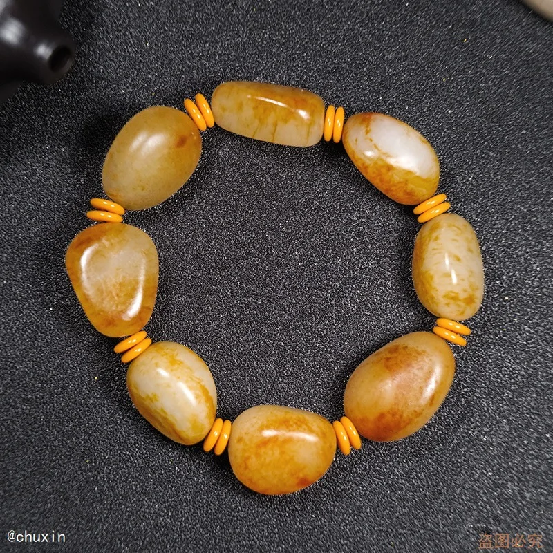 

Natural Hetian Jade Tumbled Stone Bracelet Genuine Chinese Raw Jade Stone With Skin Nephrite Seed Stones Beads Bracelets Bangle