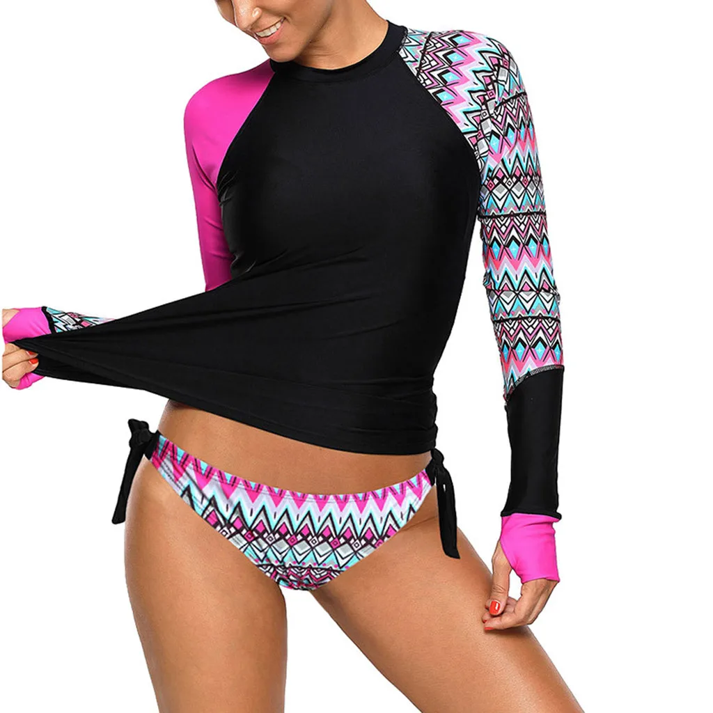

Women Long Sleeve Sun UPF 50+ Rash Guard Top 2 Piece Swimsuit Set
