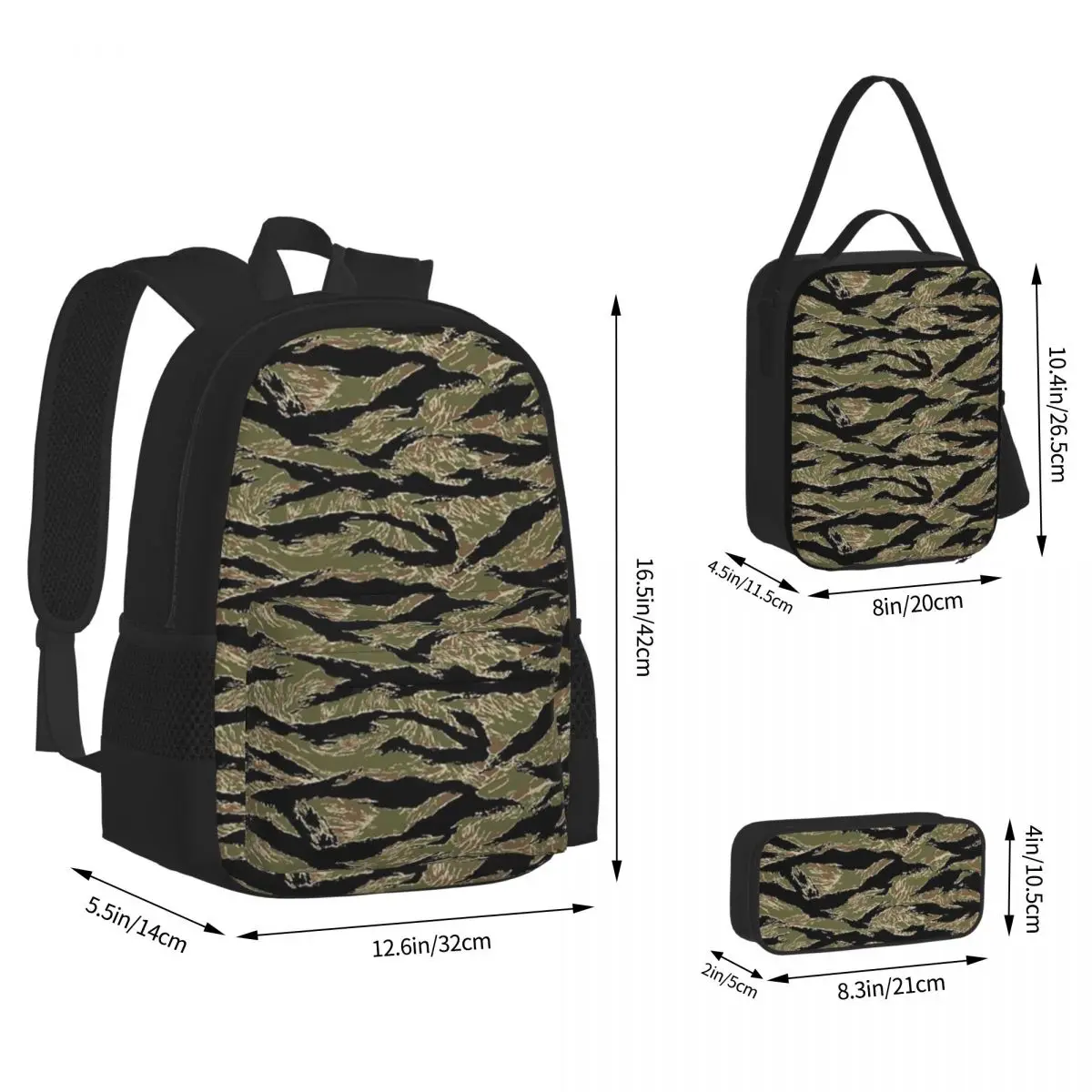 

Tiger Stripe Camouflage Military Camo Backpack Bookbag Student School Bag Cartoon Kid Rucksack Lunch Bag Pen Bag Three-Piece Set