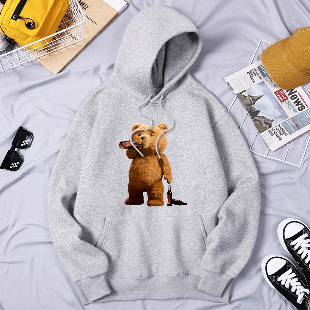 

Mr.Teddy Bear Is A Beer Lover Male Sweatshirts Vintage Quality Hoodies Classic Loose Clothes Fashion Designer Male Streetwear