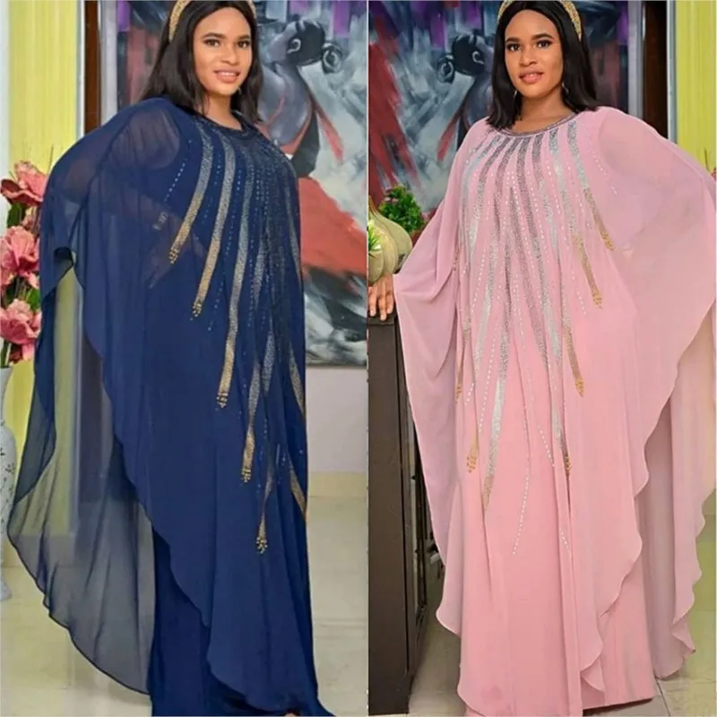 

Abaya Muslim Chiffon Diamond Loose Party Dress Maxi Dress Robe 2 Piece Set African Dresses For Women Boubou Swing African Suit