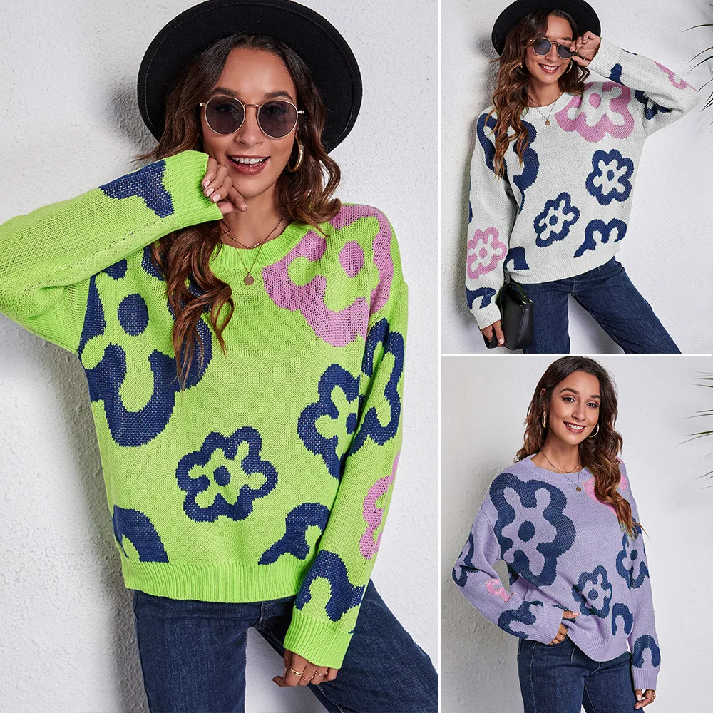 

Flower Jacquard Round Neck Drop Shoulder Knit Sweater Women's Loose Harajuku Loose Top Casual Street Style Pullover Sweater