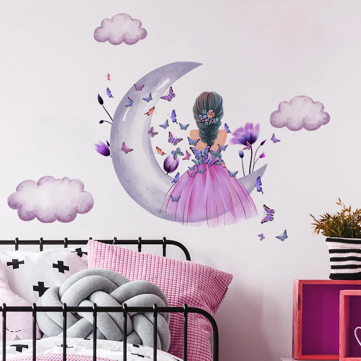 

Removable Vinyl Home Decor Living Room Bedroom Butterfly Little Girl Grey Moon Clouds Wall Stickers