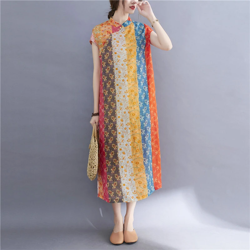

Retro Stand Collar Slanted Lapel Cheongsam Linen Dress Printed Cotton and Linen Midi Dress Women